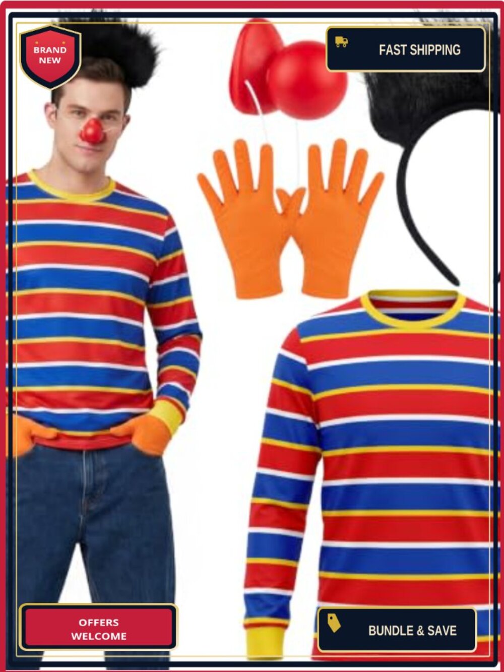 Men's Halloween Cartoon Cosplay Costume 4 Piece Striped Shirt Set
